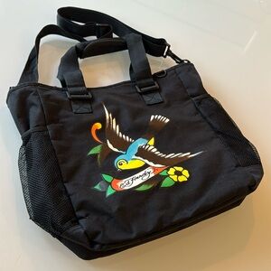 Ed Hardy Black Tote Bag with Multicolor Bird Graphic